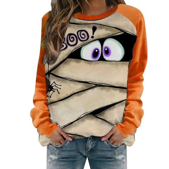 Yuanlong Womens Sweatshirts Halloween Mummy Eyes Graphic Long Sleeve Pullover Shirt Funny Relaxed Fit Fall Holiday Casual Top