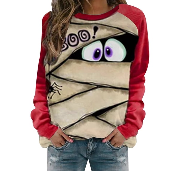 Yuanlong Womens Sweatshirts Halloween Mummy Eyes Graphic Long Sleeve Pullover Shirt Funny Relaxed Fit Fall Holiday Casual Top