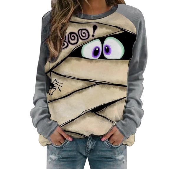 Yuanlong Womens Sweatshirts Halloween Mummy Eyes Graphic Long Sleeve Pullover Shirt Funny Relaxed Fit Fall Holiday Casual Top