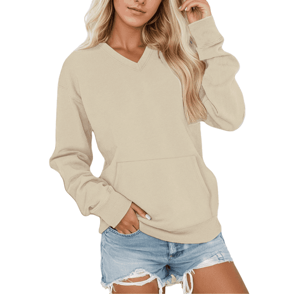 Yuanlong Womens Sweatshirts Ladies V Neck Long Sleeve Plain Drop Shoulder Sweatshirt Daily Athleisure Tops With Pockets