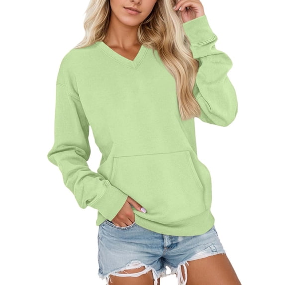 Yuanlong Womens Sweatshirts Ladies V Neck Long Sleeve Plain Drop Shoulder Sweatshirt Daily Athleisure Tops With Pockets