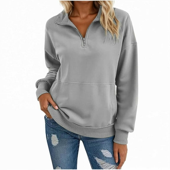 Yuanlong Womens Sweatshirts Ladies Zipper Neck Long Sleeve Ribbed Hem Sweat Shirt Daily Outdoor Casual Tops With Pockets
