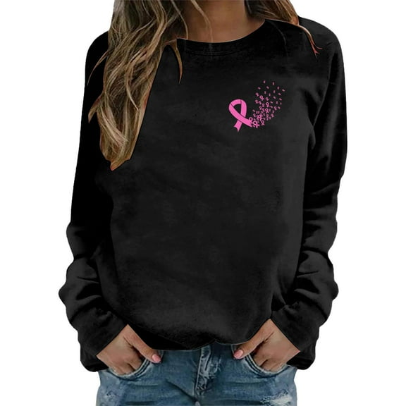 Yuanlong Womens Sweatshirts Long Sleeve Round Neck Shirt Pink Ribbon Cancer Awareness Sweatshirt Fall Streetwear Casual Ladies Tops
