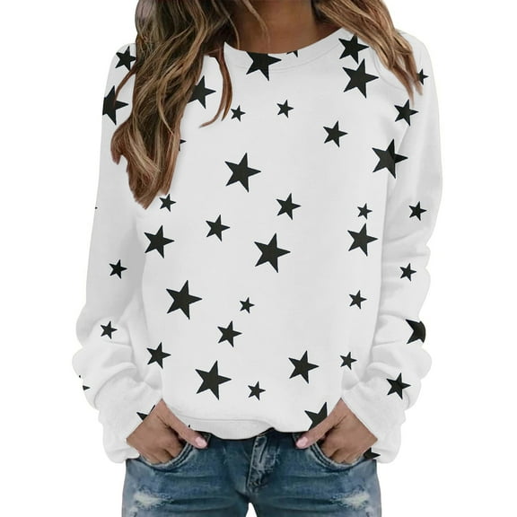 Yuanlong Womens Sweatshirts Long Sleeve Star Patterns Round Neck Pullover Sweatshirt Autumn Streetwear Fashion Clothes Ladies Relaxed Tops