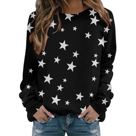 Yuanlong Womens Sweatshirts Long Sleeve Star Patterns Round Neck Pullover Sweatshirt Autumn Streetwear Fashion Clothes Ladies Relaxed Tops