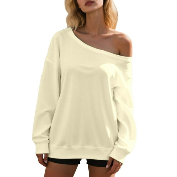 Yuanlong Womens Sweatshirts Oversized Cold Shoulder Long Sleeve Ribbed Hem Crewneck Hoodie Autumn Spring Wear Casual Tops