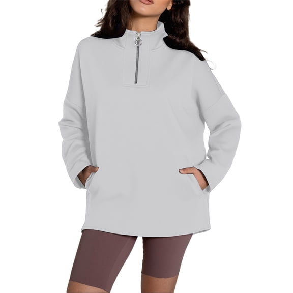 Yuanlong Womens Sweatshirts Oversized Zip Stand Collar Long Sleeve Solid Sweatshirt Winter Spring Wear Loose Pullover Top