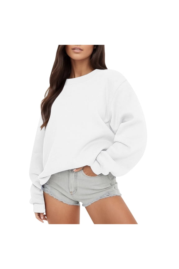 Womens Sweatshirts Plus Size Wide Long Sleeve Round Neck Solid Color Sweatshirt Fall Outing Casual Relaxed Tops