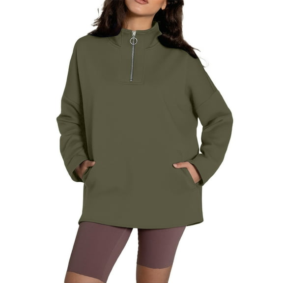 Yuanlong Womens Sweatshirts Quarter-Zip Lapel Collar Plain Long Sleeve Sweatshirt Oversized Outdoor Wear Top With Pocket