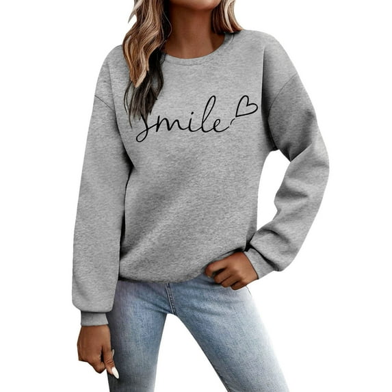 Yuanlong Womens Sweatshirts Solid Color Long Sleeve O Neck Smile Heart Printed Hoodie Daily Outdoor Workout Sporty Tops