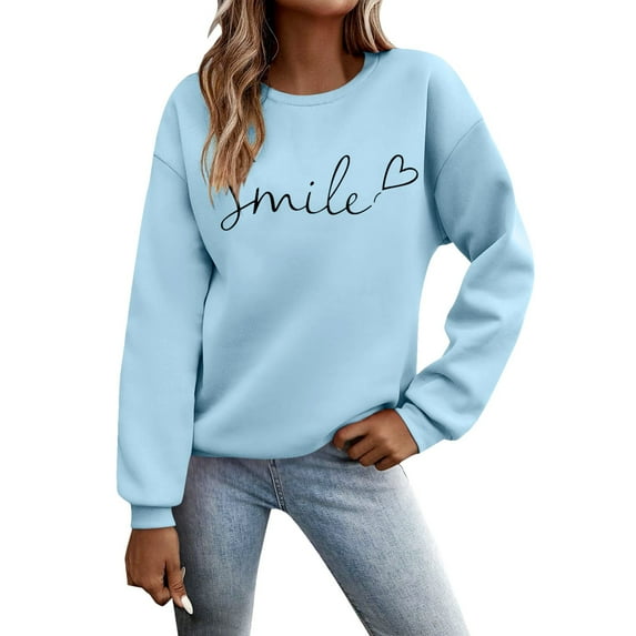 Yuanlong Womens Sweatshirts Solid Color Long Sleeve O Neck Smile Heart Printed Hoodie Daily Outdoor Workout Sporty Tops