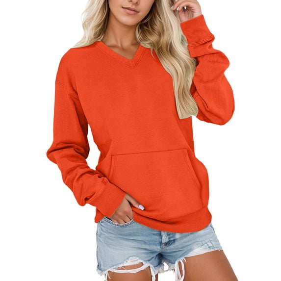 Yuanlong Womens Sweatshirts Spring Versatile Long Sleeve V Neck Sweatshirt Daily Wear Loose Fit Hoodless Tops With Pocket