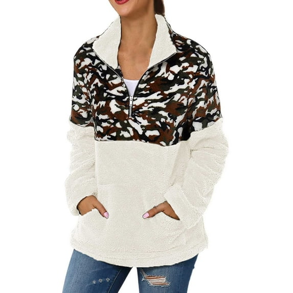 Yuanlong Womens Sweatshirts Winter Half Zipper Lapel Leopard Patchwork Long Sleeve Fuzzy Sweatshirt Outdoor Thermal Tops