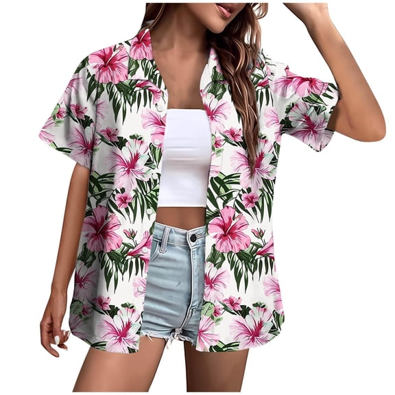 Yuanlong Womens T-Shirt Baggy Lapel Full Floral Graphics T Shirt Tops Holiday Travel Beach Buttons Short Sleeve Blouse