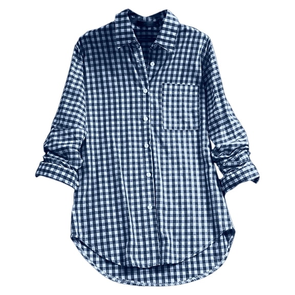 Yuanlong Womens T-Shirt Long Sleeve Lapel Button Up Checkered Shirt Tops Fall Winer Layering Piece Plain Pockets Blouse