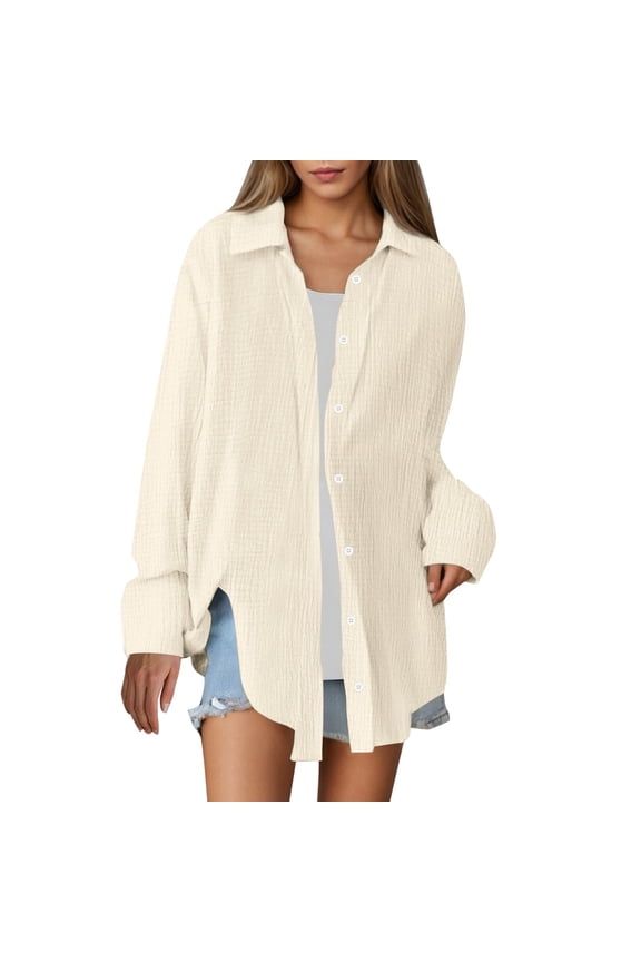 Womens T-Shirt Long Sleeve Lapel Collar Split Hem Shirt Top Weekend Relaxed Fit Solid Color Lightweight Blouse