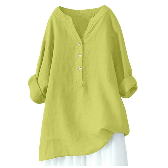 Yuanlong Womens T-Shirt Plain Full Sleeve V-Neck Buttons Down T Shirts Fall Outing Relaxed Ladies For Long Blouse Tops