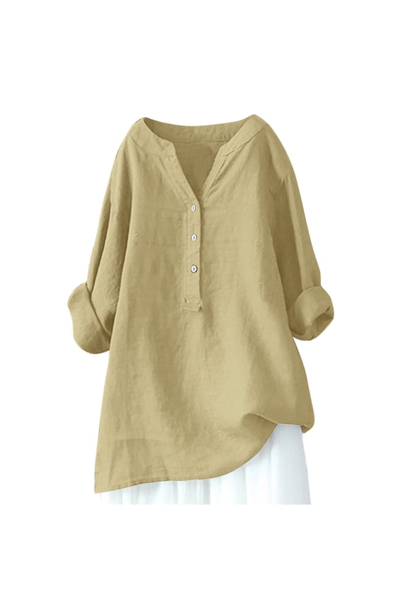 Womens T-Shirt Plain Full Sleeve V-Neck Buttons Down T Shirts Fall Outing Relaxed Ladies For Long Blouse Tops