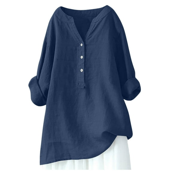 Yuanlong Womens T-Shirt Plain Full Sleeve V-Neck Buttons Down T Shirts Fall Outing Relaxed Ladies For Long Blouse Tops