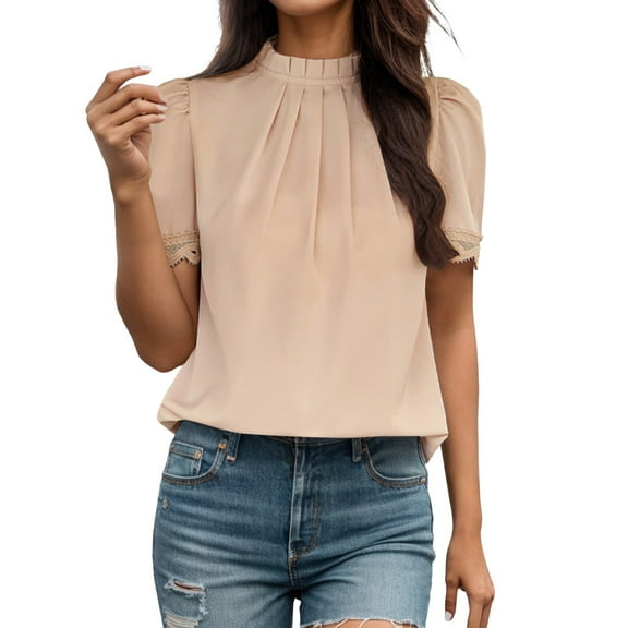 Yuanlong Womens T Shirt Solid Color Irregular Short Sleeve T-Shirts Summer Commute Wear Pleated Turtleneck Blouses Tops