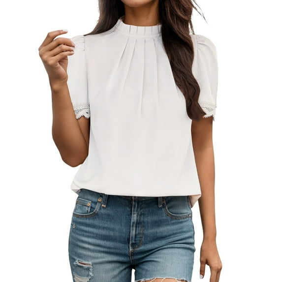 Yuanlong Womens T Shirt Solid Color Irregular Short Sleeve T-Shirts Summer Commute Wear Pleated Turtleneck Blouses Tops
