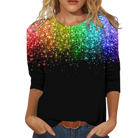 Yuanlong Womens T-Shirts 3/4 Sleeve Colorful Glitter Gradient Crew Neck Tshirts Daily Gathering & Casual Hangout Wear Top
