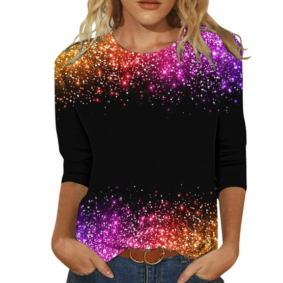 Yuanlong Womens T-Shirts 3/4 Sleeve Colorful Glitter Gradient Crew Neck Tshirts Daily Gathering & Casual Hangout Wear Top