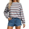 thumbnail image 1 of Yuanlong Womens T-Shirts Casual Color Blocked Striped Drop Long Sleeve Round Neck Tee Shirts Spring Streetwear Loose Top, 1 of 8