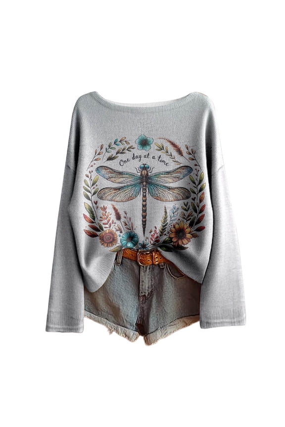 Womens T-Shirts Casual Long Sleeve Boat Neck Dragonflies Graphic Tee Shirt Spring Clothes Relaxed Top For Women