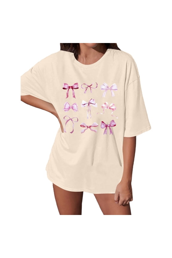 Womens T-Shirts Casual Short Sleeve Bow Graphic Crewneck Tee Shirt Blouse Everyday Wear Comfortable Soft Basic Ladies Tops