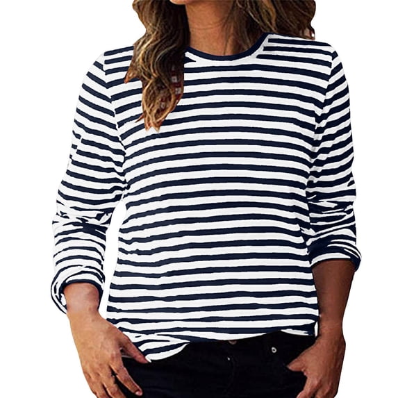 Yuanlong Womens T-Shirts Classic Stripe Crew Neck Long Sleeve Tee Tops Spring Daily & Work Wear Comfortable Lady Tshirts