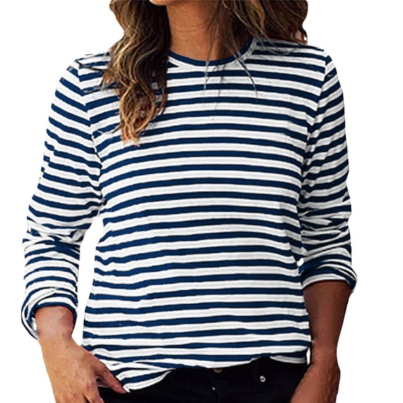 Yuanlong Womens T-Shirts Classic Stripe Crew Neck Long Sleeve Tee Tops Spring Daily & Work Wear Comfortable Lady Tshirts