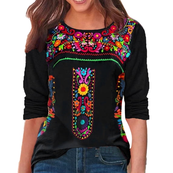 Yuanlong Womens T-Shirts Colorful Floral Embroidery 3/4 Sleeve Crew Neck Tshirts Boho Spring Gathering & Daily Wear Tops