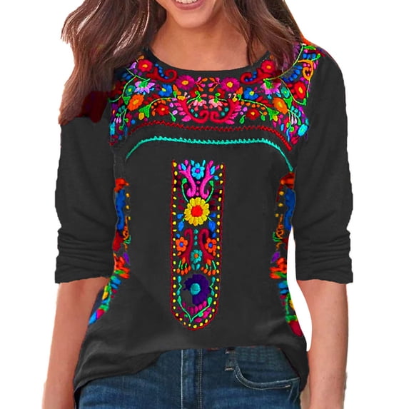 Yuanlong Womens T-Shirts Colorful Floral Embroidery 3/4 Sleeve Crew Neck Tshirts Boho Spring Gathering & Daily Wear Tops