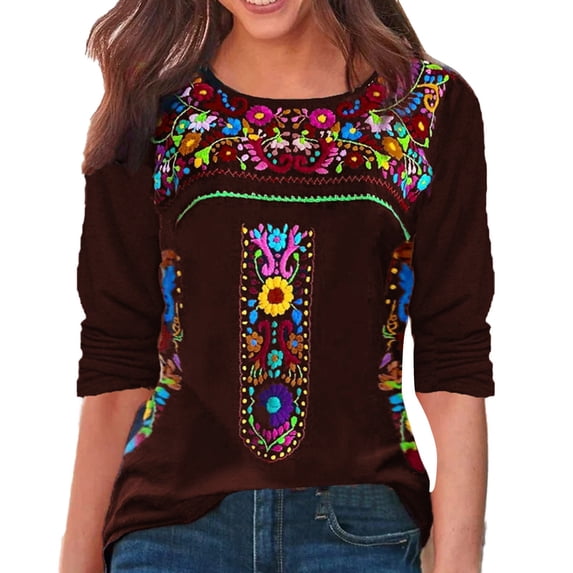 Yuanlong Womens T-Shirts Colorful Floral Embroidery 3/4 Sleeve Crew Neck Tshirts Boho Spring Gathering & Daily Wear Tops