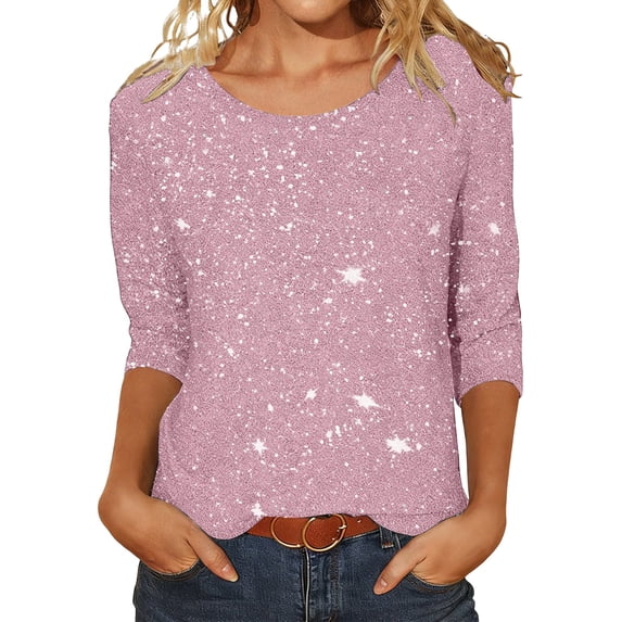 Yuanlong Womens T-Shirts Crew Neck 3/4 Sleeve Bling Bling Sequin Tshirts Valentine Day Spring Outings FAshion Ladies Tee