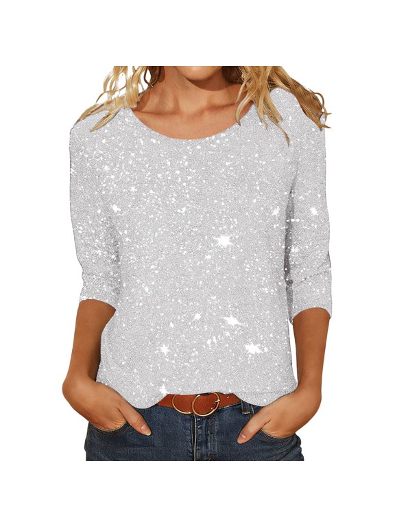 Womens T-Shirts Crew Neck 3/4 Sleeve Bling Bling Sequin Tshirts Valentine Day Spring Outings FAshion Ladies Tee