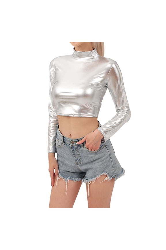 Womens T-Shirts Cropped Long Sleeve Turtleneck Metallic Plain Tshirts Carnival Party Spring Chic Lady Tee Shirts