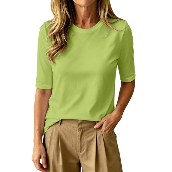 Yuanlong Womens T-Shirts Elbow Length Sleeve Basic Tee Crew Neck Solid Color Soft Stretch Loose Fit Minimal Casual Daily Top