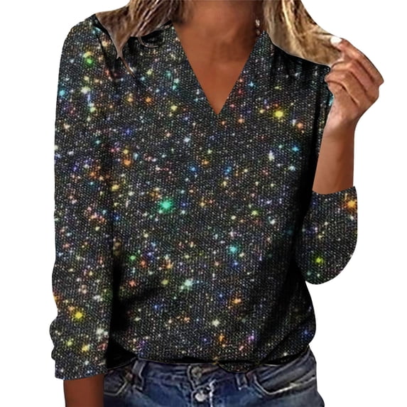 Yuanlong Womens T-Shirts Galaxy Star Print V-Neck Long Sleeve Tee Shirt Fashion Shiny Daily Outdoor Wear Unique Lady Top