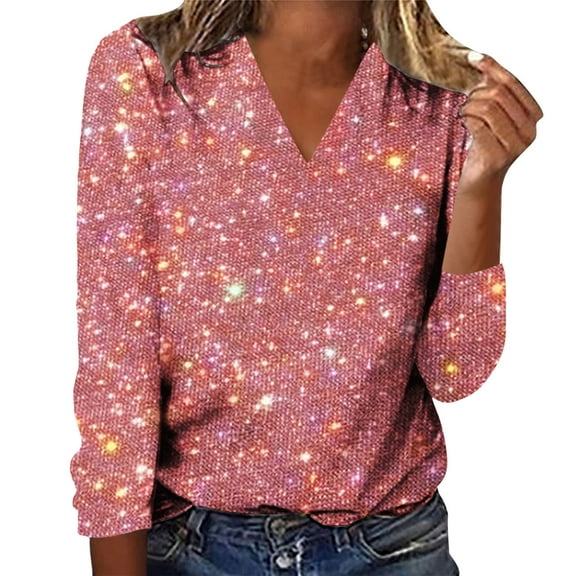 Yuanlong Womens T-Shirts Galaxy Star Print V-Neck Long Sleeve Tee Shirt Fashion Shiny Daily Outdoor Wear Unique Lady Top