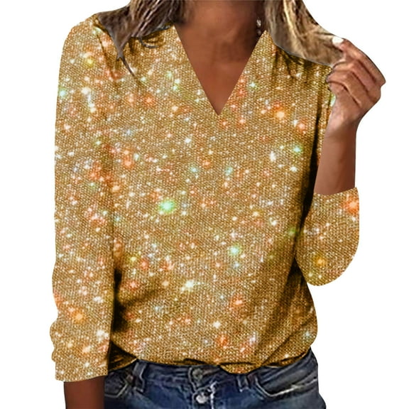Yuanlong Womens T-Shirts Galaxy Star Print V-Neck Long Sleeve Tee Shirt Fashion Shiny Daily Outdoor Wear Unique Lady Top