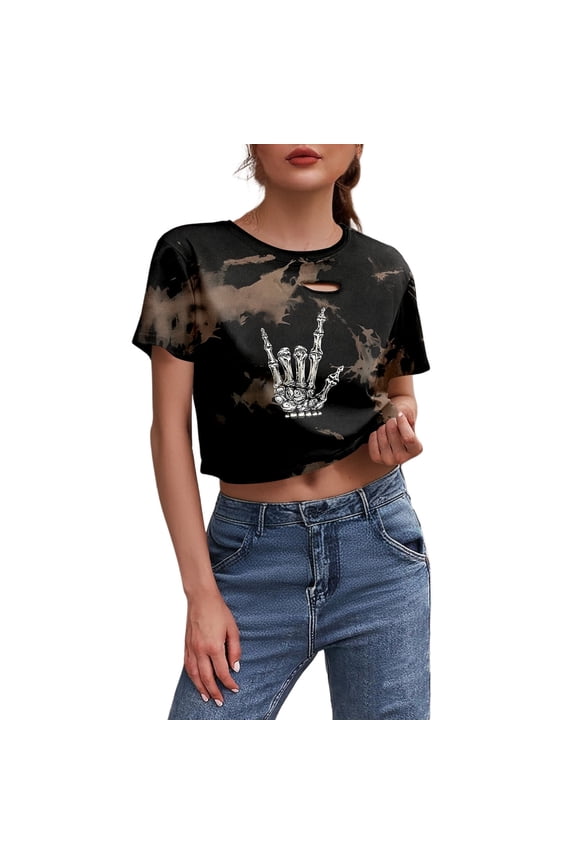 Womens T-Shirts Hollow Skeleton Hand Pattern Short Sleeve Tshirts Carnival Spring Trendy Stylish Cropped Shirts