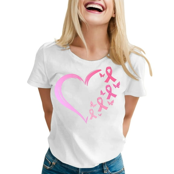 Yuanlong Womens T-Shirts Ladies Cancer Awareness Blessed Short Sleeve Tshirtss Ribbon Heart Print Crewneck Tee Tops