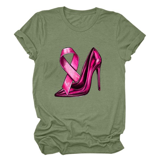 Yuanlong Womens T-Shirts Ladies Cancer Awareness Blessing Short Sleeve Tee Shirts Ribbon High Heels Pattern Tshirts