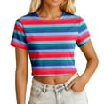 thumbnail image 1 of Yuanlong Womens T-Shirts Ladies Short Sleeve Colorful Striped Crew Neck Cropped Tee Shirts Summer Daily Clothes Fashion Pullover Tops, 1 of 4