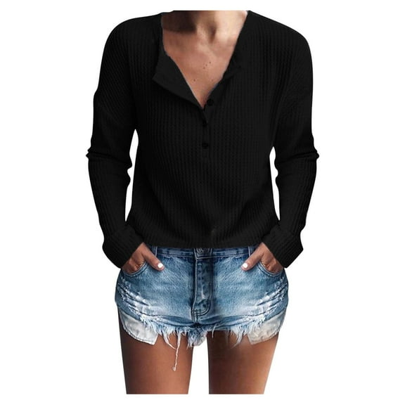 Yuanlong Womens T-Shirts Long Sleeve Button V-Neck Solid Color Textured Knit Tunic Tshirts Fall Winter Loose Comfort Tops