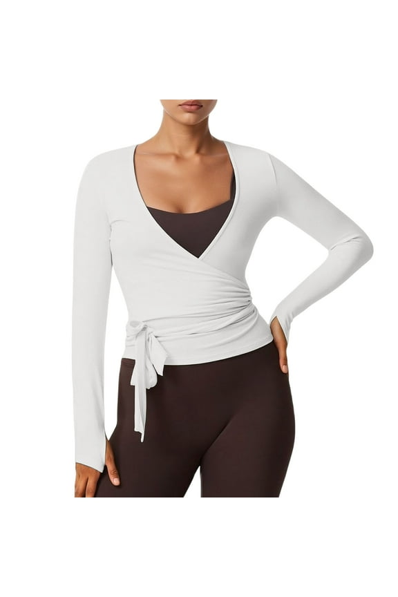 Womens T-Shirts Long Sleeve Solid Tie Square Neckline Tee Slim Tshirts Daily Workout Yoga Wear Basic Shirts Tops