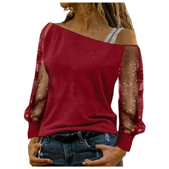 Yuanlong Womens T-Shirts Off-Shoulder Glitter Puff Sleeve Rhinestone Strap Tshirts Carnival Wear Stylish Lightweight Tops