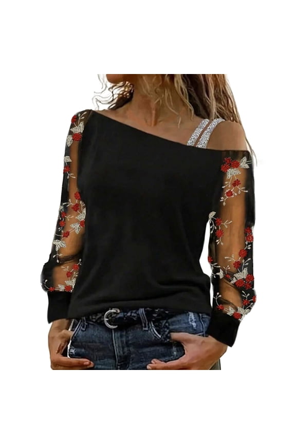 Womens T-Shirts Off-Shoulder Rhinestone Strap Sheer Sleeve Floral Butterfly Print Tee Elegant Date Night Chic Top